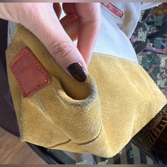 Anthropologie perche’ Suede / canvas Bucket buckle Tote hobo tan brown mustard